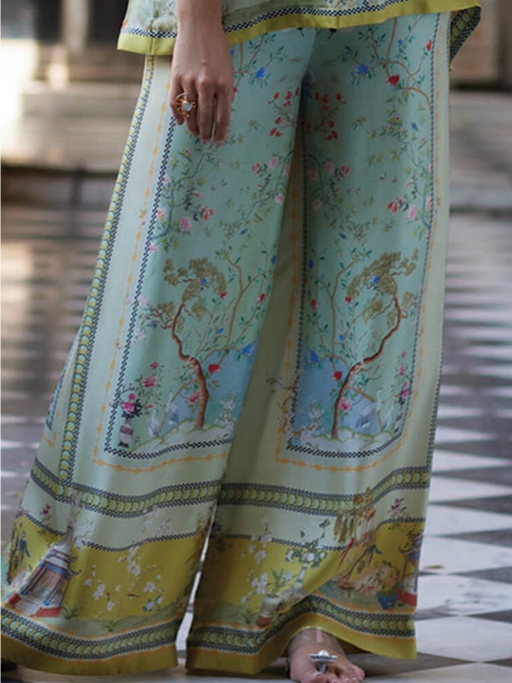 Wide Leg Floral Scarf-Print Pants in Light Blue and Yellow